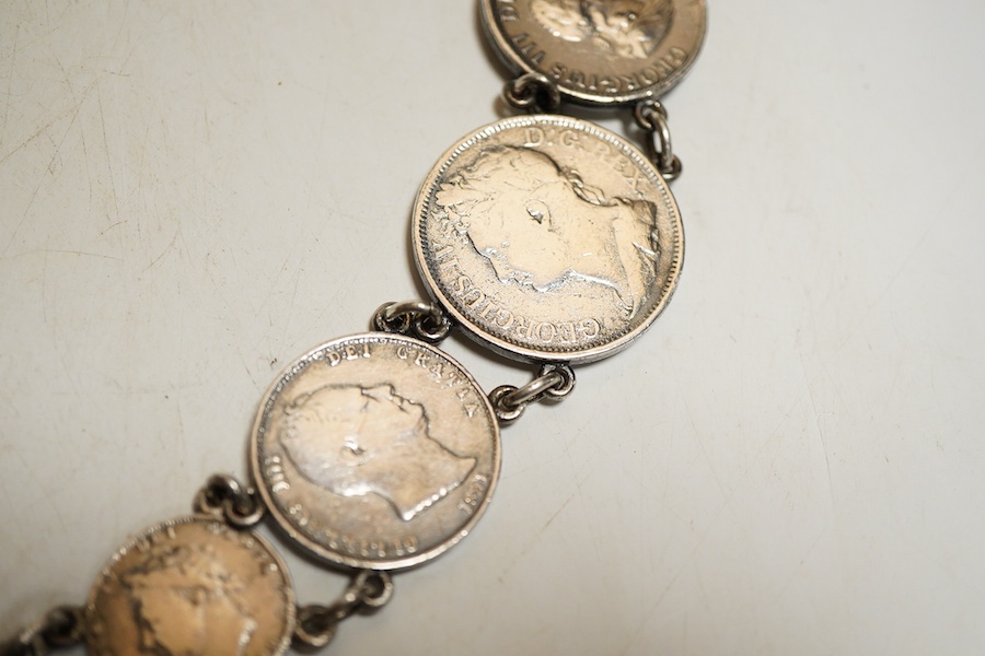 A Victorian silver and silver plated coin belt, formed of various coins Charles II and later, length 62 cm., gross weight approx. 6.65ozt